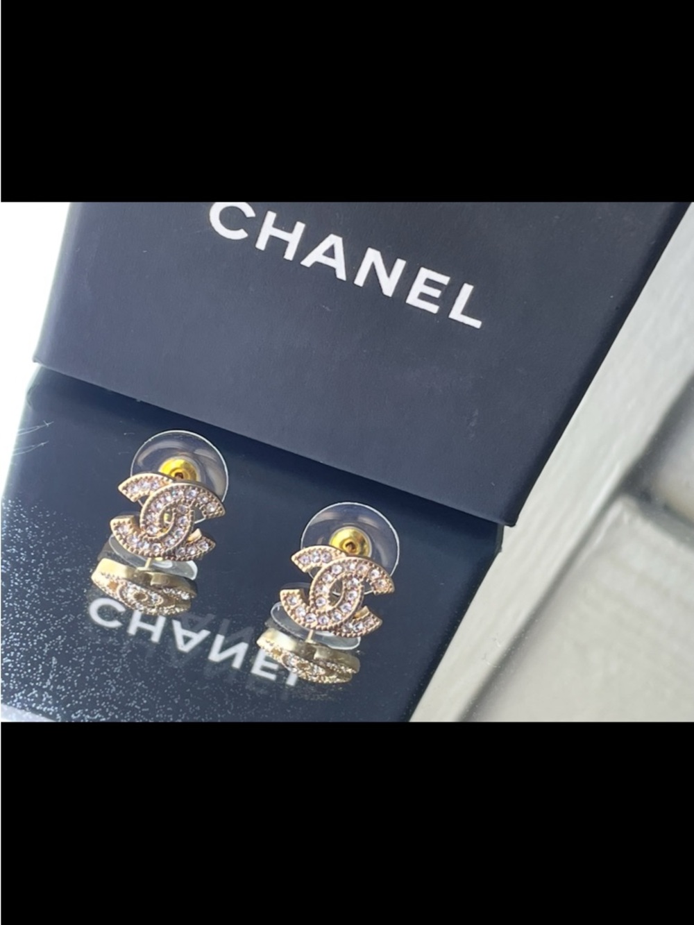 Authentic CHANEL Gold Crystal CC Double-Stack Stud Earrings